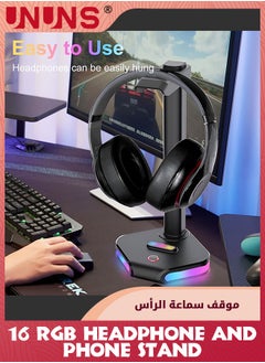 UNUNS RGB Headphone Stand With USB C,Dorm/Room Desktop Gaming Headset Holder And Phone Stand,Durable Gamer Earphone Hanger Rack With 16 RGB Light Modes,For PC,Gamer Accessories,Black  - Image 2