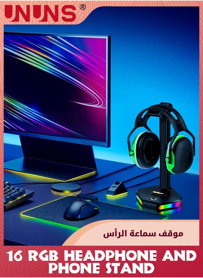 UNUNS - RGB Headphone Stand With USB C,Dorm/Room Desktop Gaming Headset Holder And Phone Stand,Durable Gamer Earphone Hanger Rack With 16 RGB Light Modes,For PC,Gamer Accessories,Black - Image 1