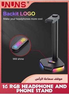 UNUNS RGB Headphone Stand With USB C,Dorm/Room Desktop Gaming Headset Holder And Phone Stand,Durable Gamer Earphone Hanger Rack With 16 RGB Light Modes,For PC,Gamer Accessories,Black  - Image 4