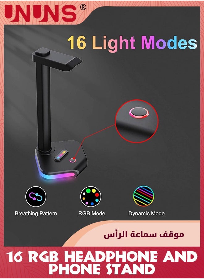 UNUNS RGB Headphone Stand With USB C,Dorm/Room Desktop Gaming Headset Holder And Phone Stand,Durable Gamer Earphone Hanger Rack With 16 RGB Light Modes,For PC,Gamer Accessories,Black  - Image 3