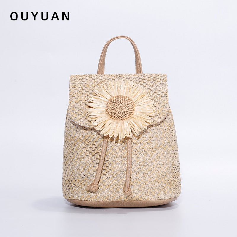 Straw Sunflower Backpack New 2024 Summer Women'S Bag Niche High-End Woven Backpack - Image 1