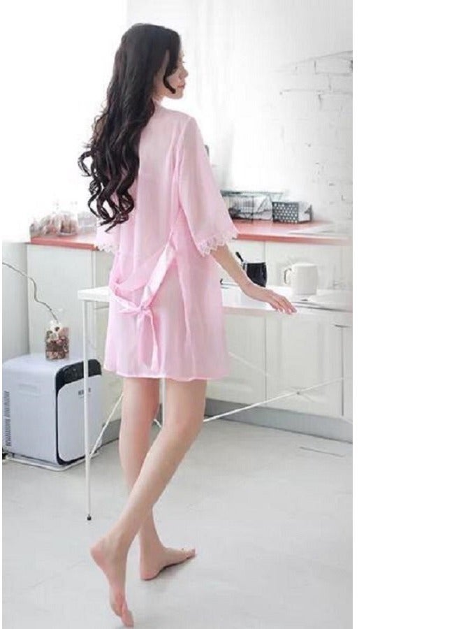 Silky Sleep Robe With Belt And Floral Lace Open Crotch Underwear Set - Image 1