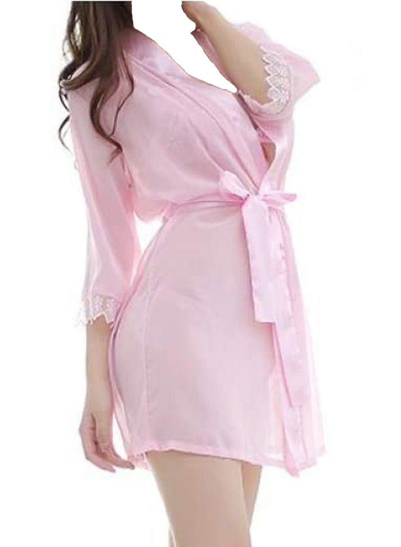Silky Sleep Robe With Belt And Floral Lace Open Crotch Underwear Set - Image 2