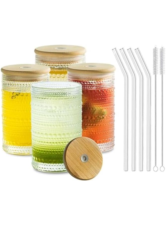 هوكور اي بين مجموعة من 4 اكواب هاي بول من هوبنيل: اكواب زجاجية مزخرفة بالخرز مع اغطية وماصات - مثالية للكوكتيلات والمارجريتا والبيرة والعصير، شفاف - Image 1