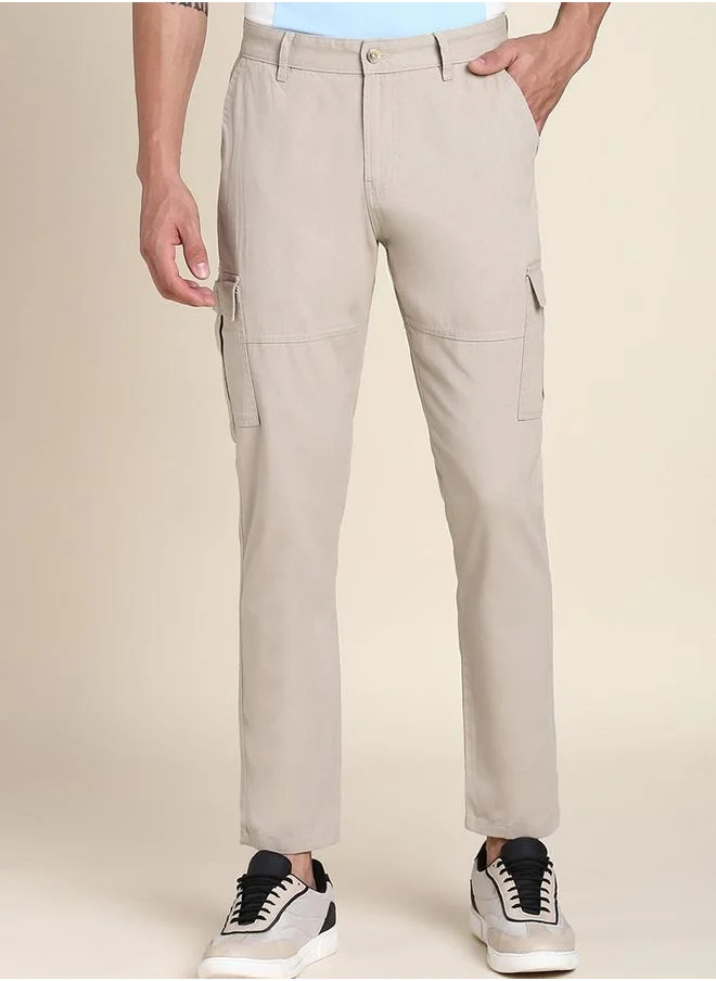 Dennis Lingo Beige Slim Fit Solid Trouser for Men - Cotton Blend, Full Length, Button & Zip, Mid Rise, Casual,