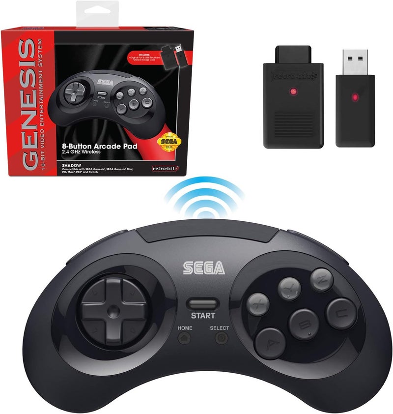 Retro Bit Sega Genesis 2.4 GHz Wireless Controller 8-Button Arcade Pad for Sega Genesis Original/Mini, Nintendo Switch, PC, Mac – Includes 2 Receivers & Storage Case - Black - Image 1