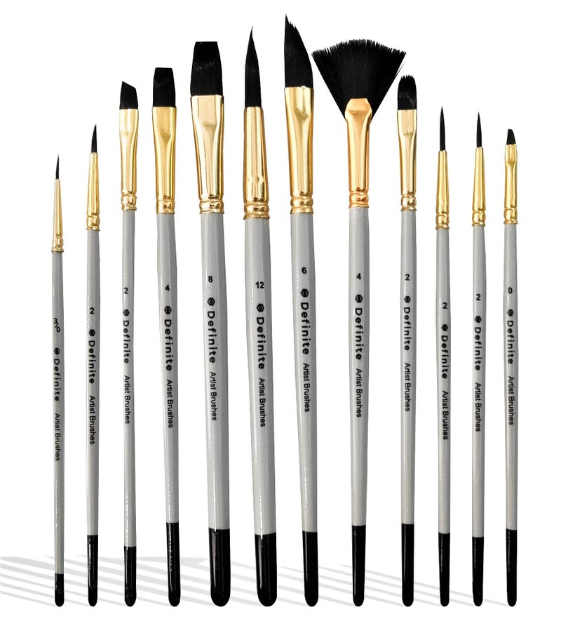 Definite Art Synthetic Bristles Medium Wooden Handle Mix Hobby Brush Set (Pack of 12 Brushes) (Stripliner, Flat, Filbert, Round, Dagger, Fan,) - Image 1