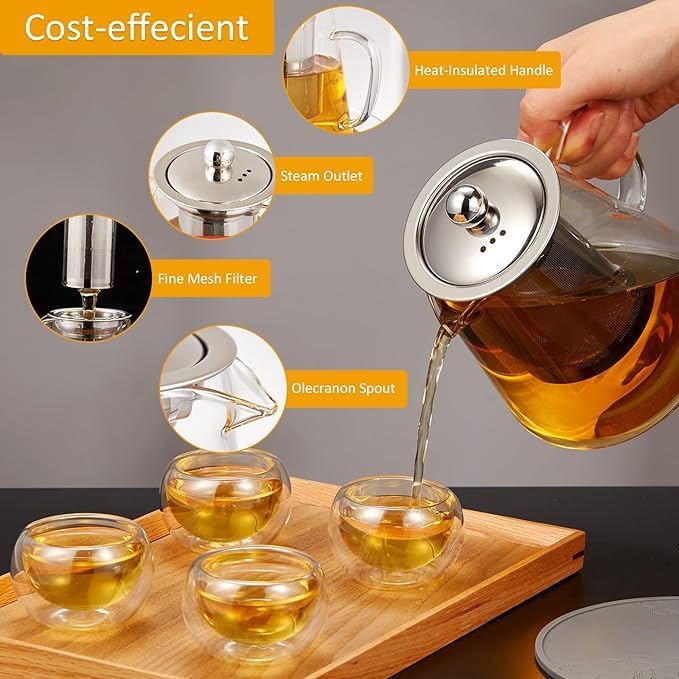 ZEYFLEEB Glass Teapot with Infuser Clear Glass Tea Kettle with Removable Stainless Steel Strainer Stovetop Safe Glass Teapot for Blooming and Loose Leaf Tea Round 750ML - Image 3
