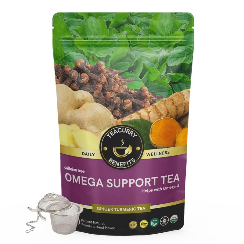 Teacurry Omega Support Tea (2 Month Pack | 200 gram Loose + Infuser) - Powerful Vegan Blend, Rich in Omega 3 for Joints, Hair, Eyes and Brain - Image 1