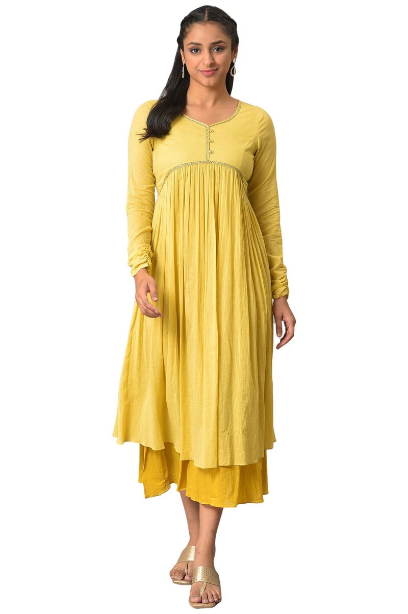 Aurelia Women's Cotton Fit and Flare Midi Dress (23FEA13936-605328_Yellow - Image 1