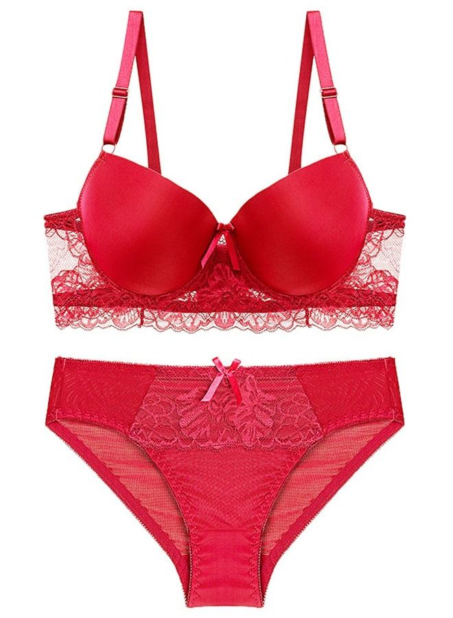 Loquat Solid Color B C Cup Thin Cup Lace Bra Panty Set Red 