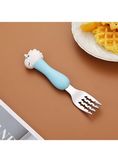 Children's 304 Stainless Steel Portable Tableware Cartoon Spoon Fork Learning And Training Chopsticks Dinosaur Baby Fork Spoon Set-Specifications:Tableware-Color:[Large] Blue Handle Unicorn Fork