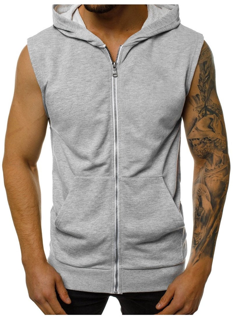 2020 Mens Sleeveless Hooded Vest Casual Fashion Gym Tank Light gray - Image 1