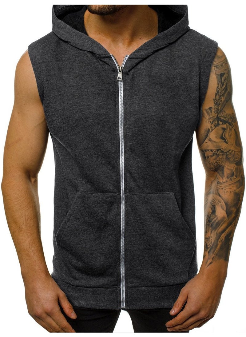 2020 Mens Sleeveless Hooded Vest Casual Fashion Gym Tank Light gray - Image 2
