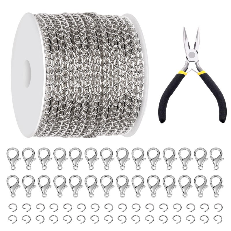 Glarks 102Pcs 30 Feet Jewelry Chains Set White Cable Link Chains Link Rolls Bulk Twisted Links Chain Necklace Jewelry Making Chains with Lobster Clasps and Jump Rings for Necklace Jewelry Making