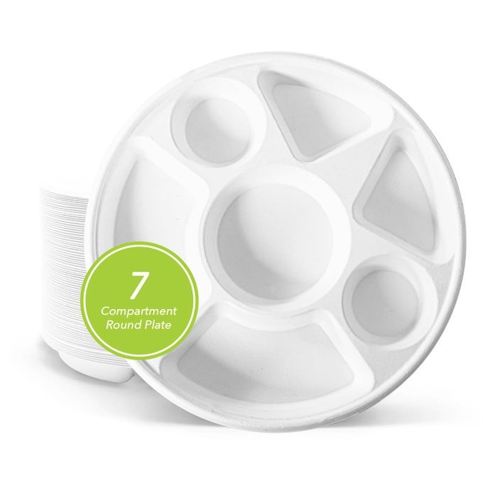 THREE LEAF 7 COMPARTMENT BAGASSE ROUND PLATE 50 CT HEAVYDUTY SUPER STRONG NATURAL ECOFRIENDLY DISPOSABLE BAGASSE PLATES 100 BIODEGRADABLE 7 COMPARTMENT PLATES