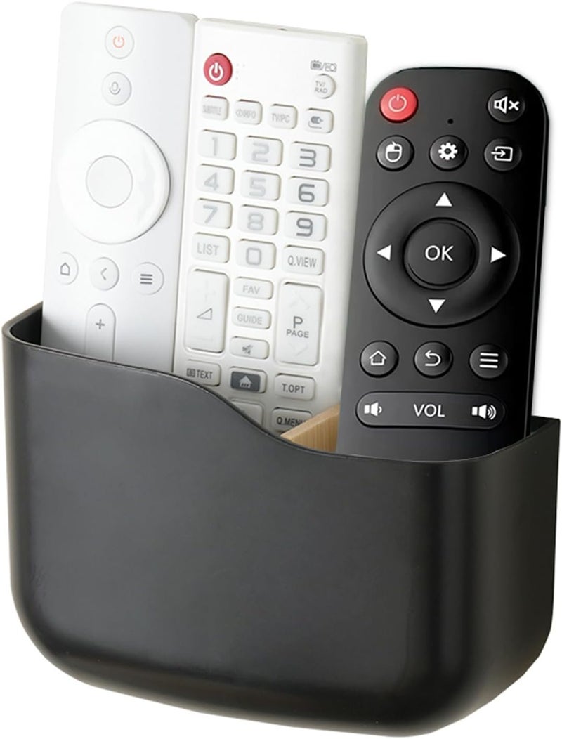 SUNFICON Adhesive Remote Control Holder Wall Mount Media Player Controller Holder Universal TV Remote Organizer Caddy Box Tray Hollow Bottom Slot Easy Phone Charging Home Office Desk Nightstand Black - Image 1