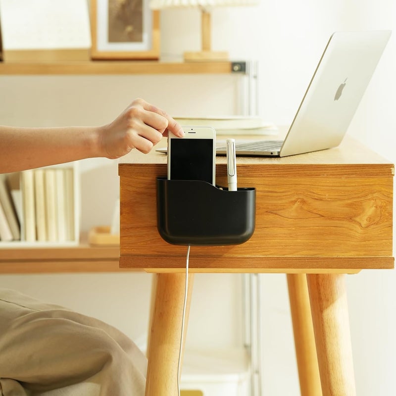 SUNFICON Adhesive Remote Control Holder Wall Mount Media Player Controller Holder Universal TV Remote Organizer Caddy Box Tray Hollow Bottom Slot Easy Phone Charging Home Office Desk Nightstand Black - Image 2