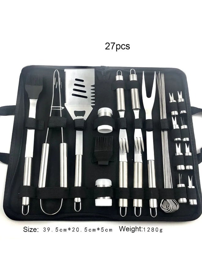 Tradeo 27-Piece BBQ Grill Tool Set, Stainless Steel Barbecue Accessories with Heat-Resistant Handles, Silver/Black - Image 3