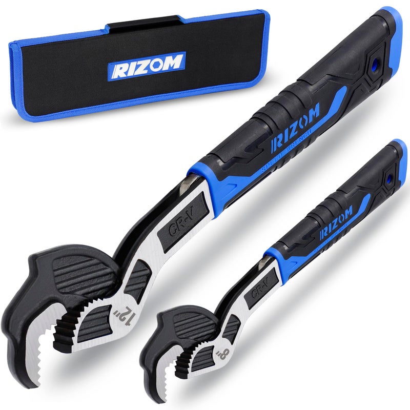Rizom Self Adjusting Wrench, 8â€ and 12â€ Pipe Wrench, 2-Piece Self Adjustable Wrench Set with 3/8 to 1-3/4 inch Jaw Open - Image 1