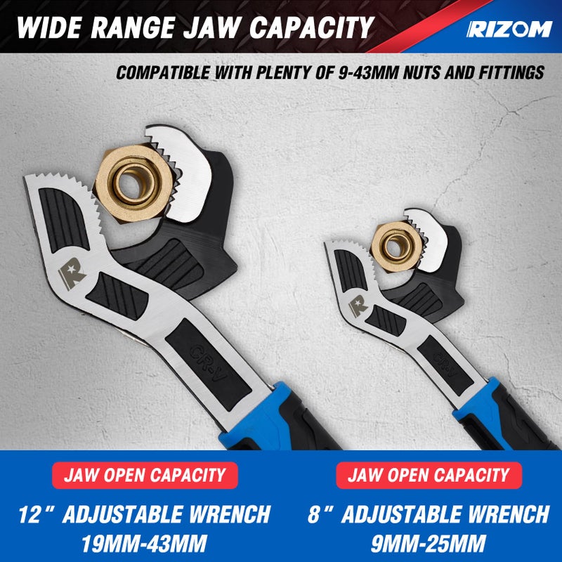 Rizom Self Adjusting Wrench, 8â€ and 12â€ Pipe Wrench, 2-Piece Self Adjustable Wrench Set with 3/8 to 1-3/4 inch Jaw Open - Image 3