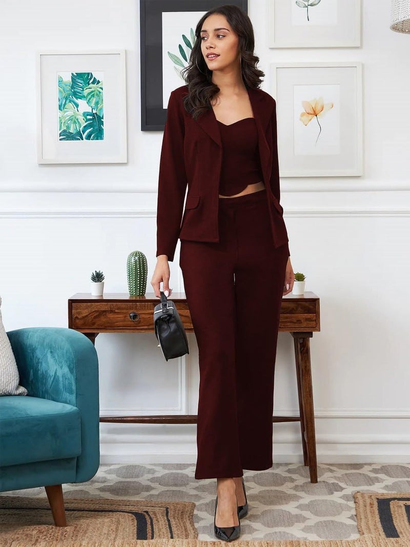 Florely Women's Lycra Solid Three Piece Outfits Blazer Co-Ord Set Women Outdoor Wear Maxi Dress Crop top Party Dress Stylish Latest Dresses (Small, Marron) - Image 2