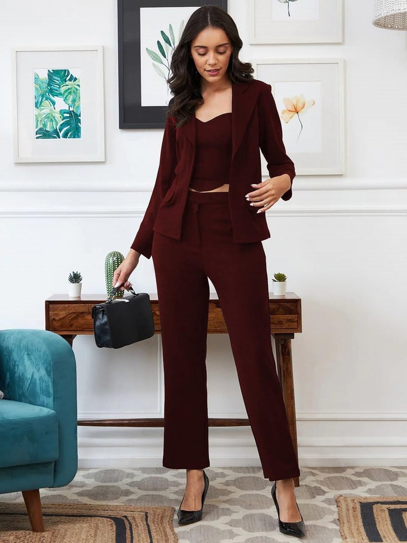 Florely Women's Lycra Solid Three Piece Outfits Blazer Co-Ord Set Women Outdoor Wear Maxi Dress Crop top Party Dress Stylish Latest Dresses (Small, Marron) - Image 4