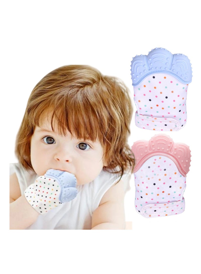 2pcs, Silicone Soothes Cranky Baby Teething Gloves, Safe, Durable, and Skin-friendly, Early Basic Training Hygenic Silicone Teething Mitten Glove For Baby, Pink+Blue  - Image 1