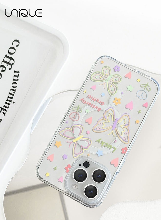 Unique Compatible with iPhone 15 Pro Cases,Compatible with MagSafe Phone Cases,Flower Butterfly Cases, Stick Figure Pattern Cases, TPU Drop Protection - Transparent - Image 5