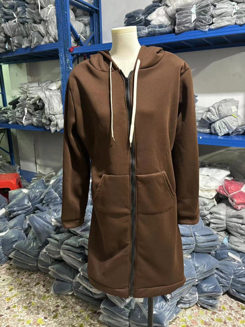 2021 Autumn Winter Brushed Fleece Hoodie Cardigan Dark brown 