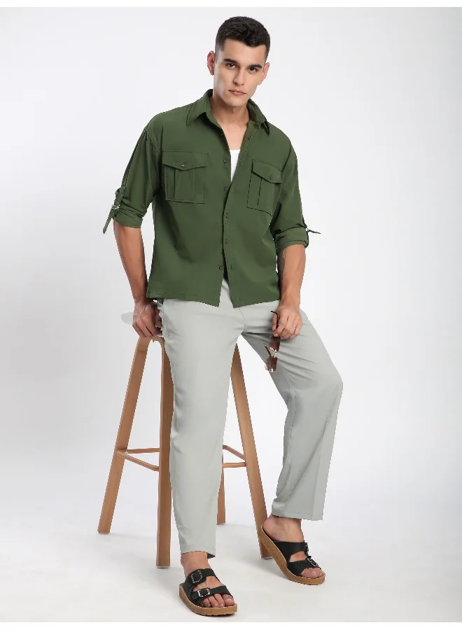 Beyoung Olive Roll Up Sleeve Shirt