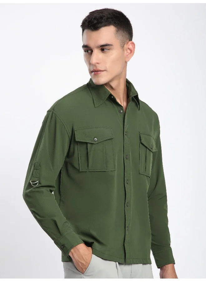Beyoung Olive Roll Up Sleeve Shirt