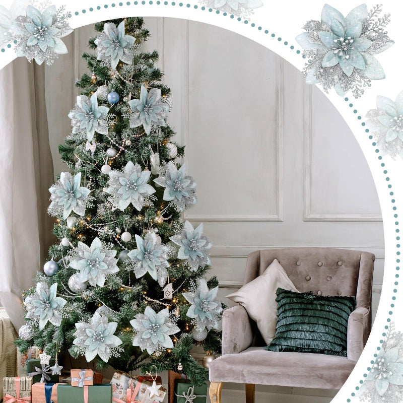 Canlierr 6.3 Inch Artificial Poinsettias Christmas Glitter Flowers with Clips Xmas Tree Flower Ornament Poinsettias Decor (Ice Green  Silver 12 Pieces) - Image 5