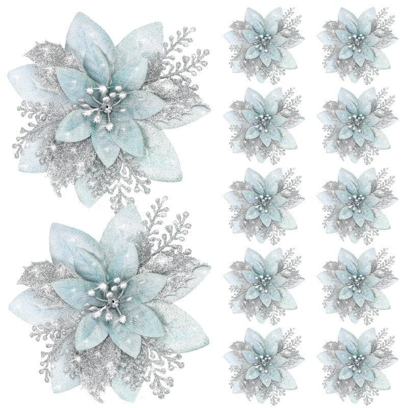 Canlierr 6.3 Inch Artificial Poinsettias Christmas Glitter Flowers with Clips Xmas Tree Flower Ornament Poinsettias Decor (Ice Green  Silver 12 Pieces) - Image 1