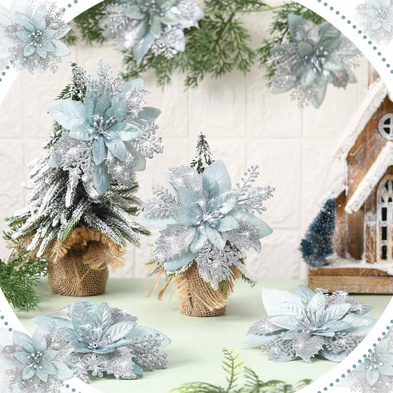 Canlierr 6.3 Inch Artificial Poinsettias Christmas Glitter Flowers with Clips Xmas Tree Flower Ornament Poinsettias Decor (Ice Green  Silver 12 Pieces) - Image 3