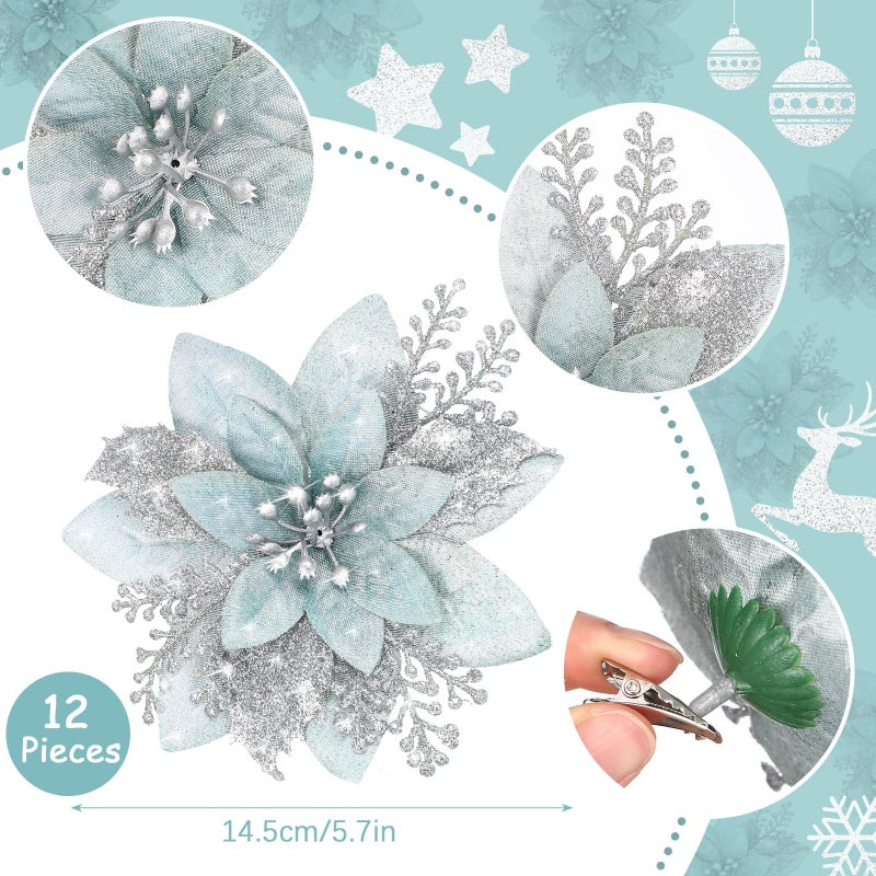 Canlierr 6.3 Inch Artificial Poinsettias Christmas Glitter Flowers with Clips Xmas Tree Flower Ornament Poinsettias Decor (Ice Green  Silver 12 Pieces) - Image 2