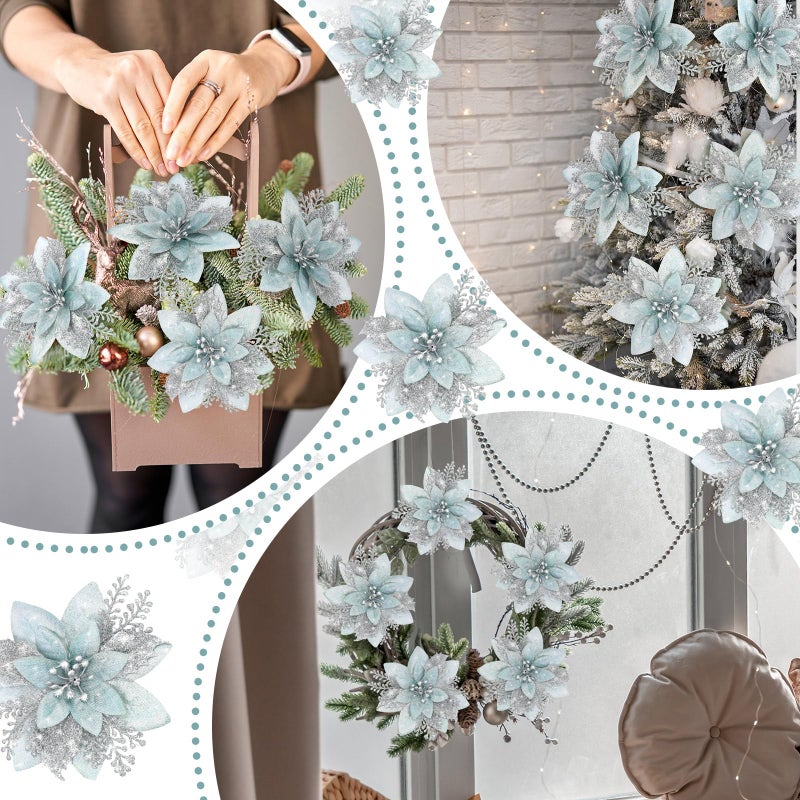 Canlierr 6.3 Inch Artificial Poinsettias Christmas Glitter Flowers with Clips Xmas Tree Flower Ornament Poinsettias Decor (Ice Green  Silver 12 Pieces) - Image 4