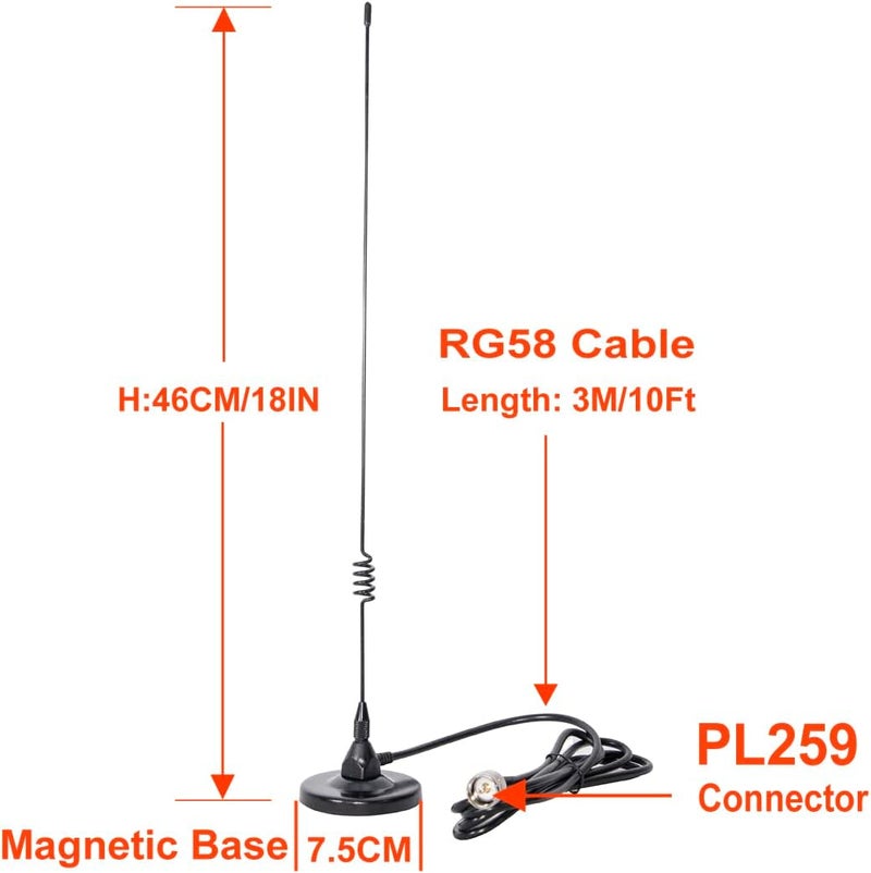 VFAN Dualband Antenna 2meter 70cm Mobile VHF/UHF Ham Radio (137-149, 437-480 Mhz) Mag Mount Magnet Base PL-259 Connector, 10 Ft RG58 Cable - Image 3