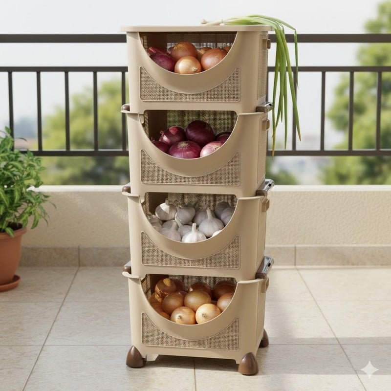 Trolley Storage 4 Layers, Beige, High Quality Plastic, With Wheels, For Fruits And Vegetables, 91 * 37 * 28cm - Image 2