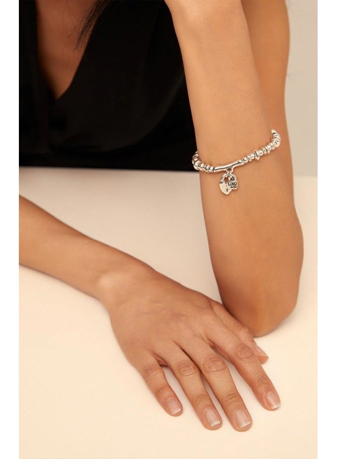 UNO de 50 | Sterling Silver Plated Elastic Bracelet | Lock and Heart Charm | Handmade Jewelry | Made in Spain - Image 2