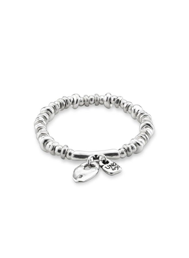 UNO de 50 | Sterling Silver Plated Elastic Bracelet | Lock and Heart Charm | Handmade Jewelry | Made in Spain - Image 1
