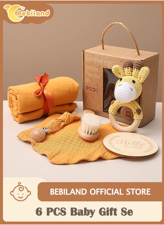 Bebiland - 6 PCS Baby Gift Set, Newborn Baby Essentials, Baby Bath Set with Baby Blanket Baby Rattle,  Baby Gift  (Giraffe) - Image 1