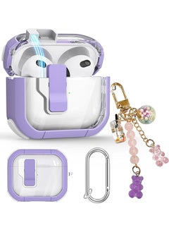 Clear Case For Airpods 3 Gen Case 2021 Automatic Snap Switch Secure Lock Case For Airpod 3Rd Generation Shockproof Soft Protective Case Cover For Girls Women With Keychain Purple