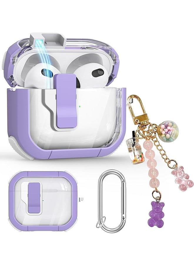 erorex - Clear Case For Airpods 3 Gen Case 2021 Automatic Snap Switch Secure Lock Case For Airpod 3Rd Generation Shockproof Soft Protective Case Cover For Girls Women With Keychain Purple - Image 1
