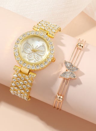 5 Pieces of Rhinestone watch set, women's butterfly inlaid diamond quartz watch, alloy watch,with earring bracelet necklace ring, diamond decoration design, gold - view 2