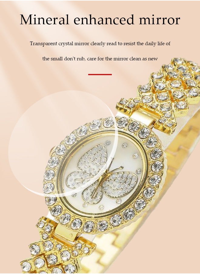 DUNISO - 5 Pieces of Rhinestone watch set, women's butterfly inlaid diamond quartz watch, alloy watch,with earring bracelet necklace ring, diamond decoration design, gold - Image 1