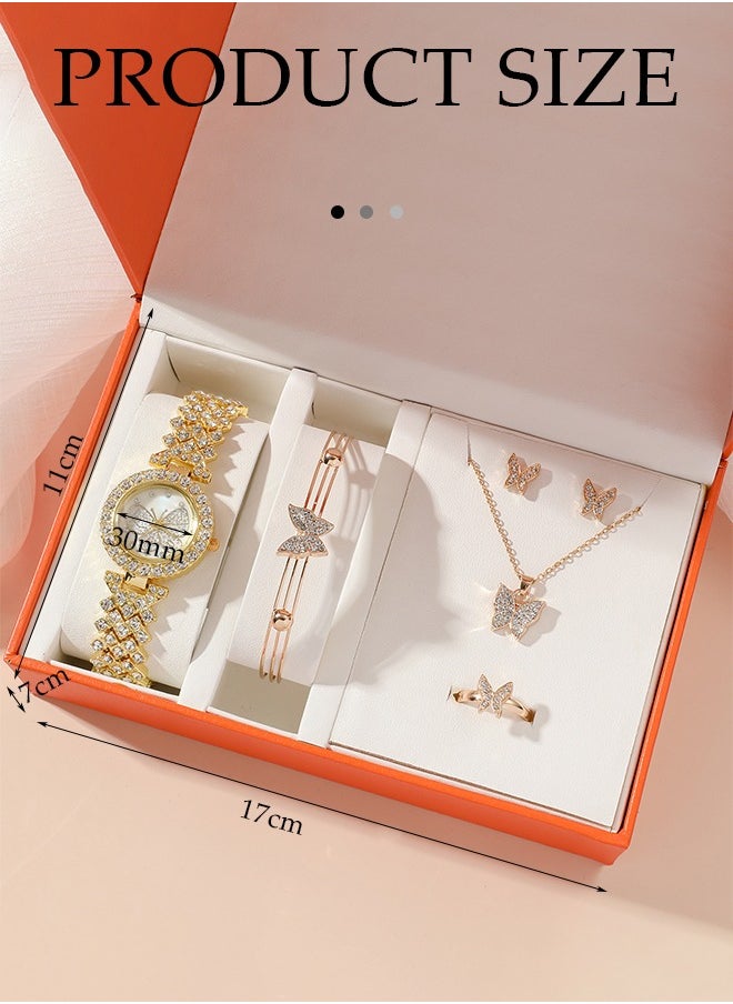 DUNISO - 5 Pieces of Rhinestone watch set, women's butterfly inlaid diamond quartz watch, alloy watch,with earring bracelet necklace ring, diamond decoration design, gold - Image 1