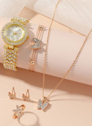 5 Pieces of Rhinestone watch set, women's butterfly inlaid diamond quartz watch, alloy watch,with earring bracelet necklace ring, diamond decoration design, gold - view 4