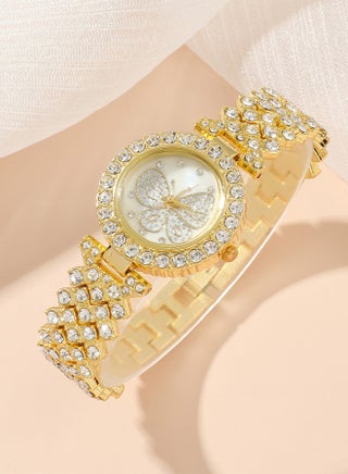 5 Pieces of Rhinestone watch set, women's butterfly inlaid diamond quartz watch, alloy watch,with earring bracelet necklace ring, diamond decoration design, gold - view 5