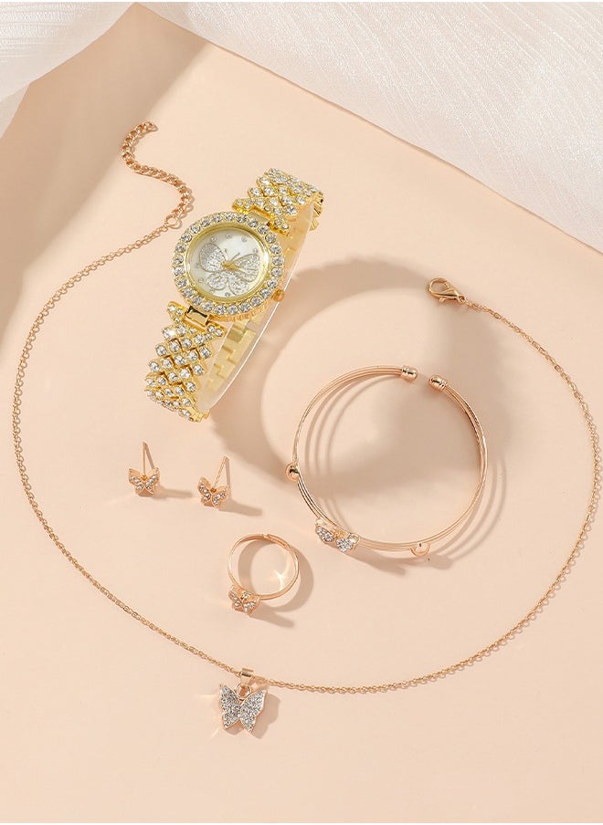 DUNISO - 5 Pieces of Rhinestone watch set, women's butterfly inlaid diamond quartz watch, alloy watch,with earring bracelet necklace ring, diamond decoration design, gold - Image 1